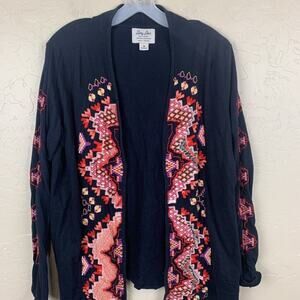 Lucky Brand Lucky Lotus Cardigan Embroidered Navy Heavily Long Sleeve Open M